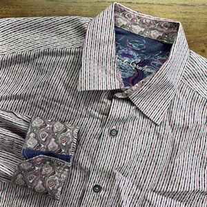 Robert Graham  Shirt Mens XL Pink Purple White Striped L/S Button up Flip Cuff‎